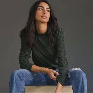 Anthropologie Maeve Ruched Long-Sleeve Top Dark Green XS